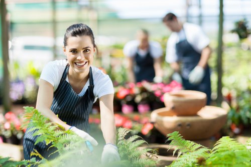 Gardener performing routine maintenance on a small urban garden